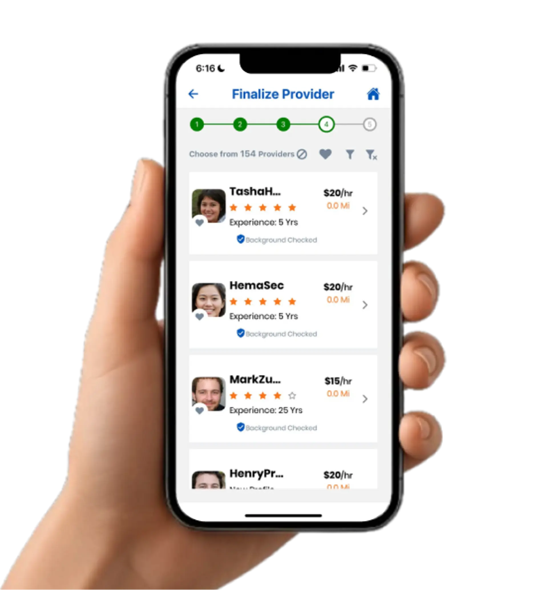 Customized caregiver selection mobile mockup