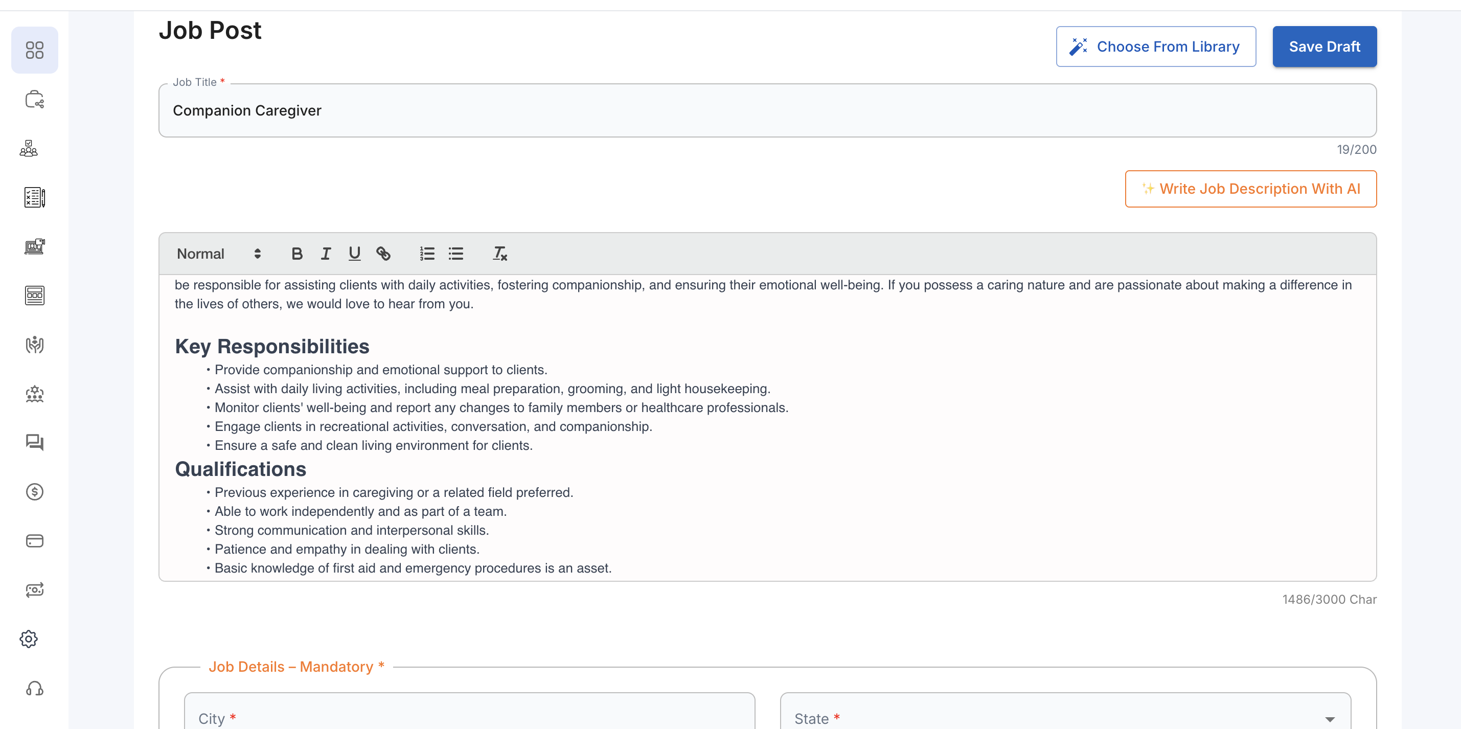 Job board posting screen